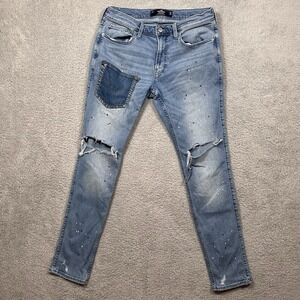 Hollister Jeans Mens 32x30 Stacked Skinny Stretch Distressed Patchwork Upcycled
